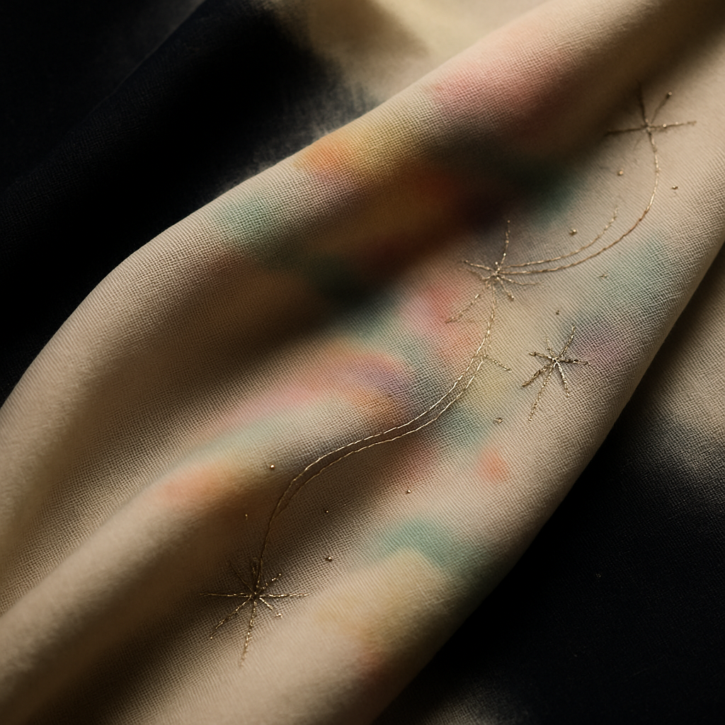 Elegant close-up of hand-finished eco-friendly fabric, subtle rainbow tie-dye, premium texture, cosmic-inspired threadwork, beige and black palette