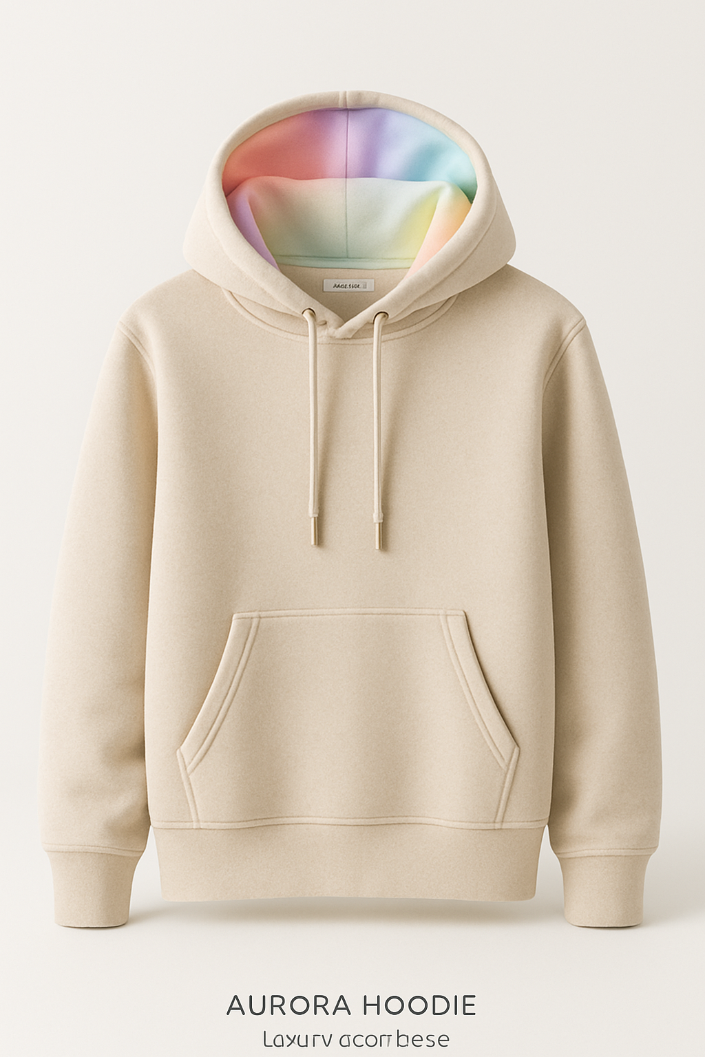 Aurora Hoodie product shot, beige with soft rainbow hood