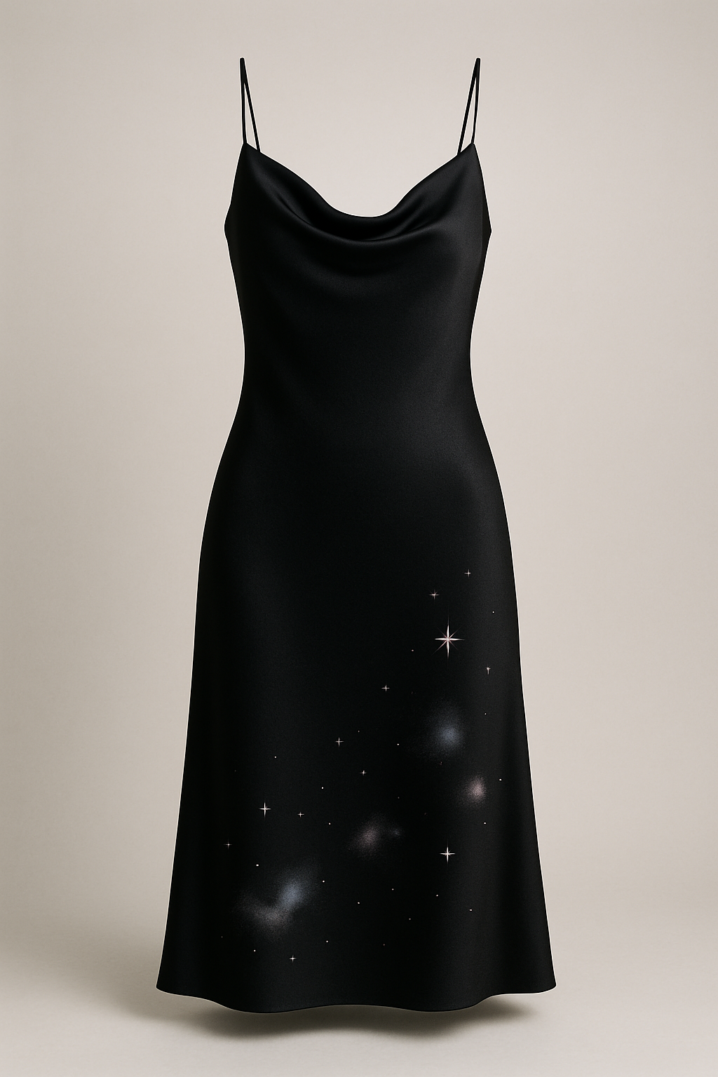 Celestial Dress product photo, black with soft pastel cosmic accents