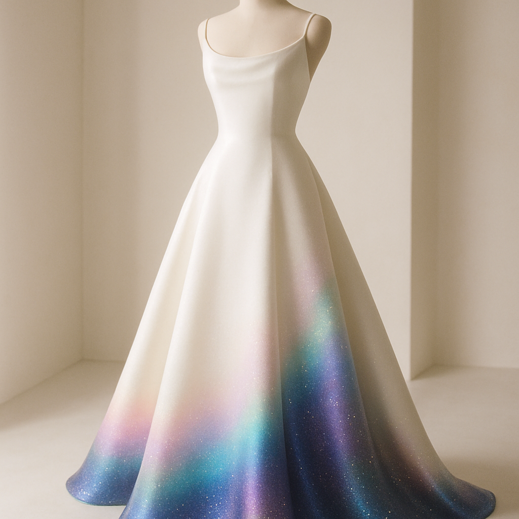 White luxury dress with cosmic gradient detail, sleek minimalist background, elegant lighting