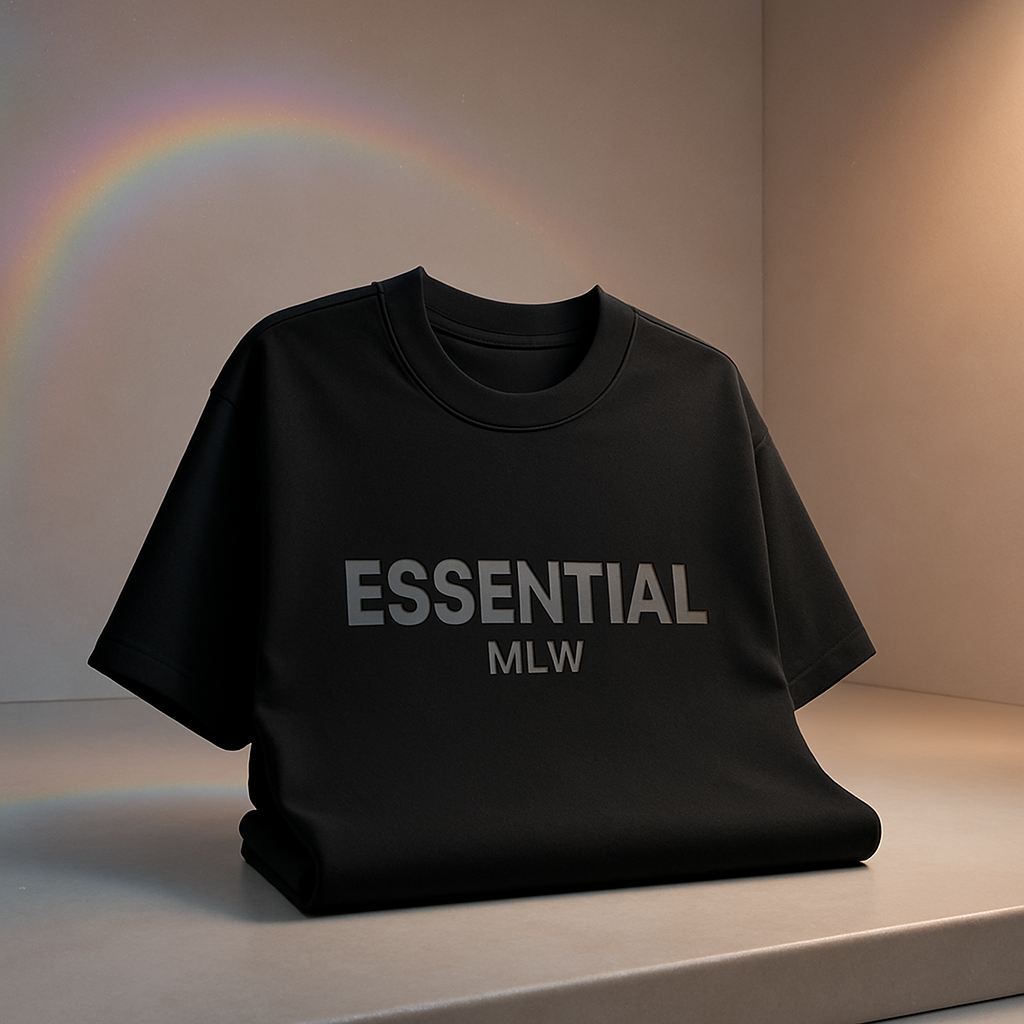 Essential MLW oversized tee in black with subtle soft rainbow accents, premium minimalist luxury style