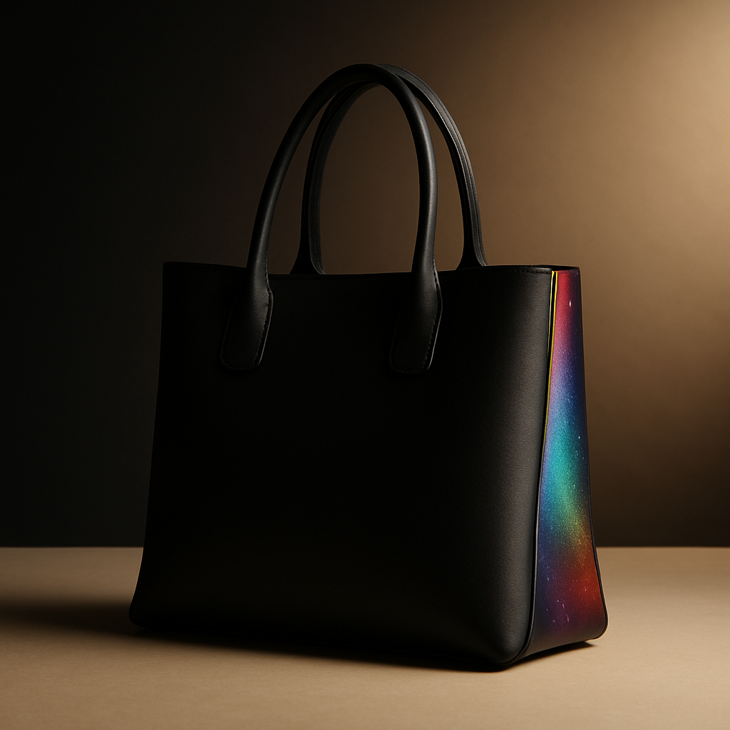 Minimalist black tote bag with soft rainbow galactic accent, premium studio look, luxury lighting