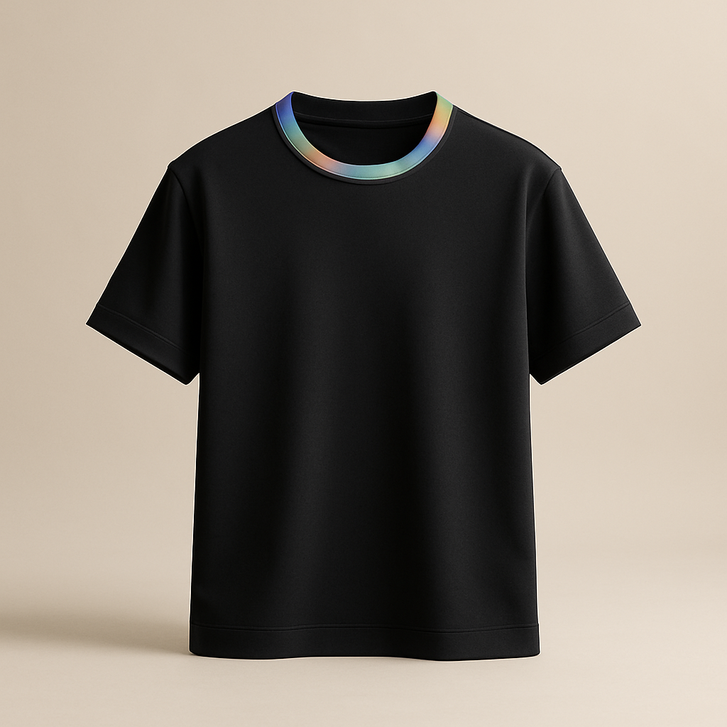 Black luxury tee with subtle rainbow gradient accent, minimalist photo, high-end style