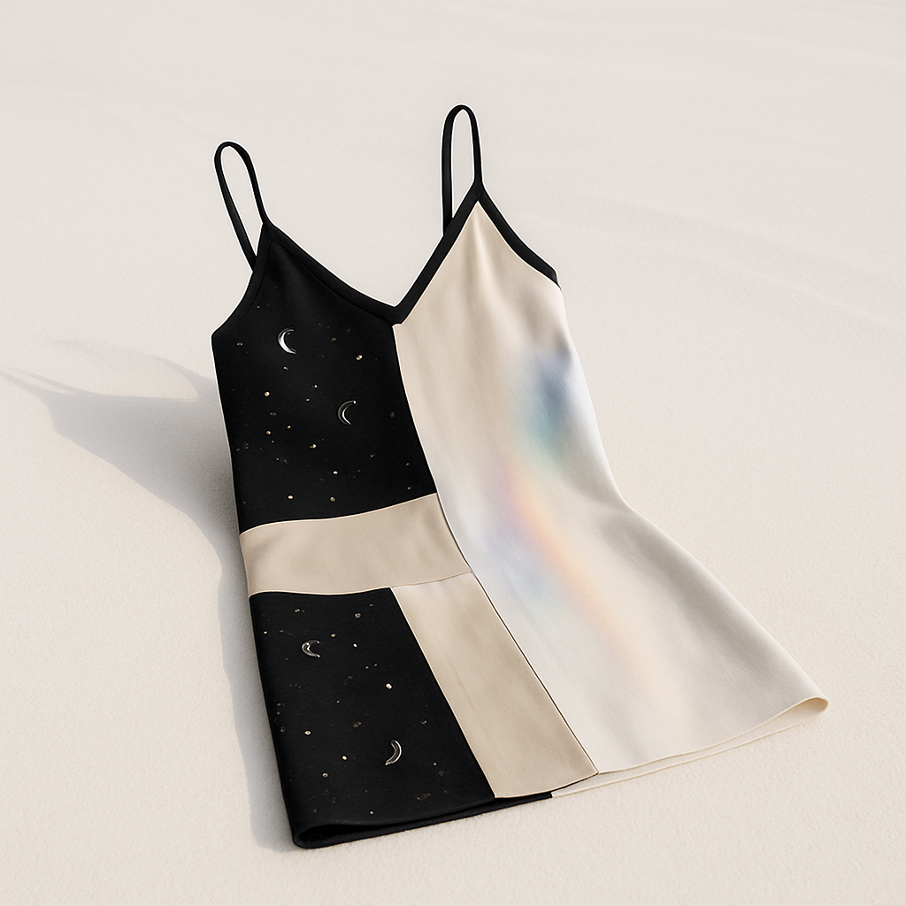 Premium upcycled fashion piece on Maldivian white sand, minimalist luxury style, soft rainbow accent, cosmic motif, clean background