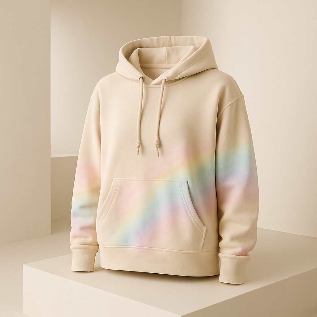 Beige hoodie with soft tie-dye rainbow accents, minimalist studio shot, luxury feel