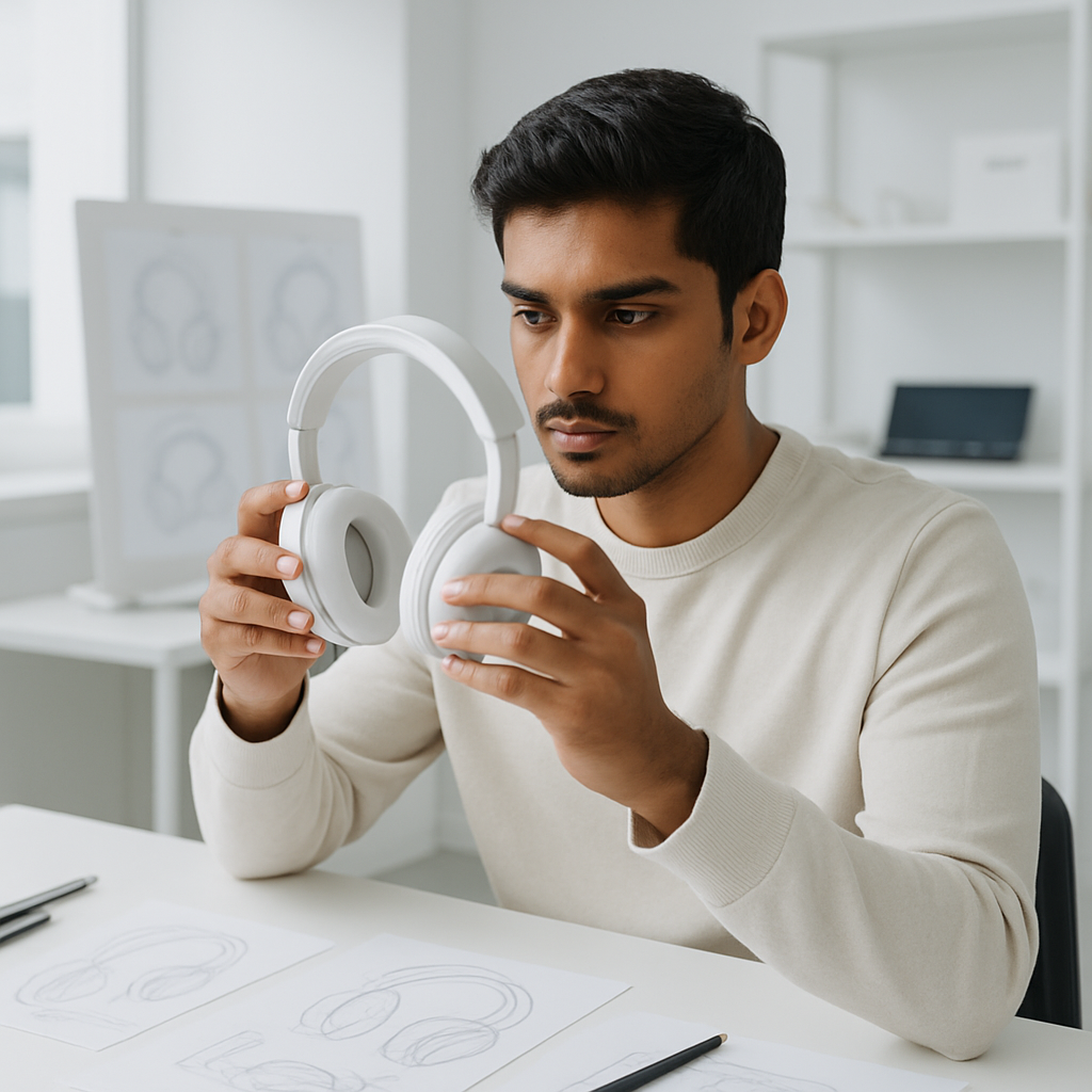 Young Indian designer adjusting prototype headphones in a tech lab