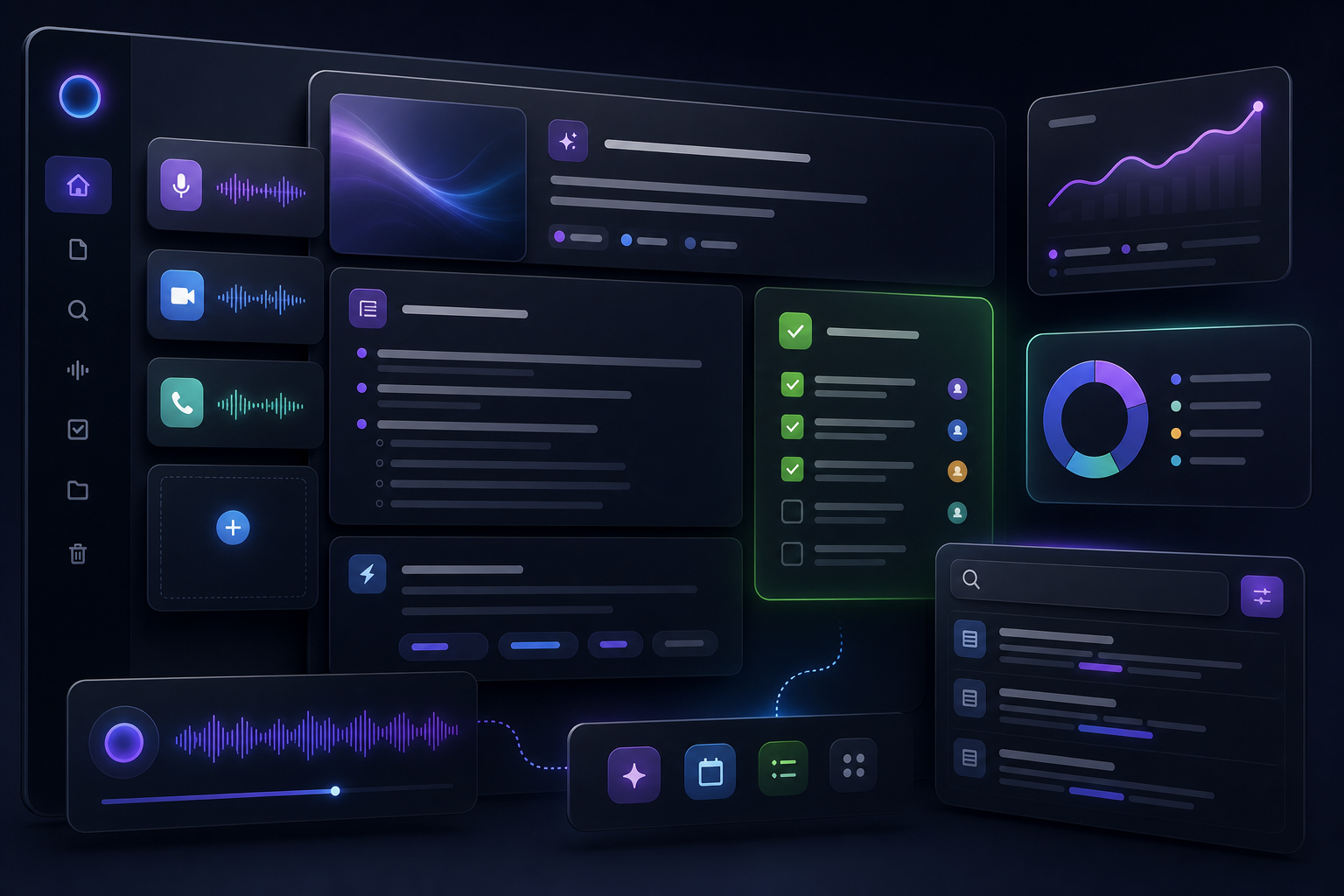 Polished abstract AI note dashboard scene with layered notes, concise summaries, and extracted action tasks in a dark premium interface