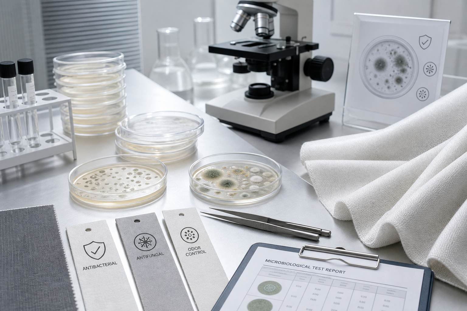 Microbiology lab setup testing treated curtain fabric with petri dishes and sterile tools