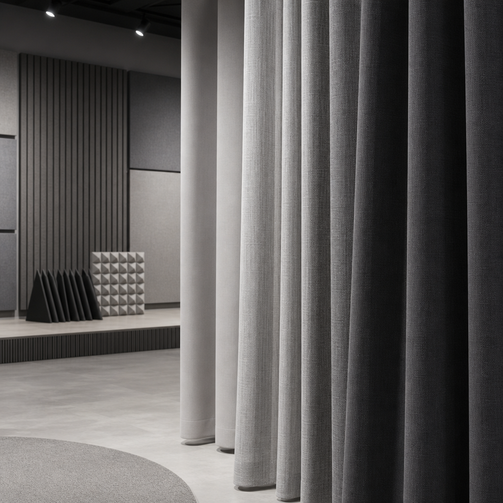 Acoustic lab corner with layered curtain panels in charcoal and soft gray demonstrating sound absorption