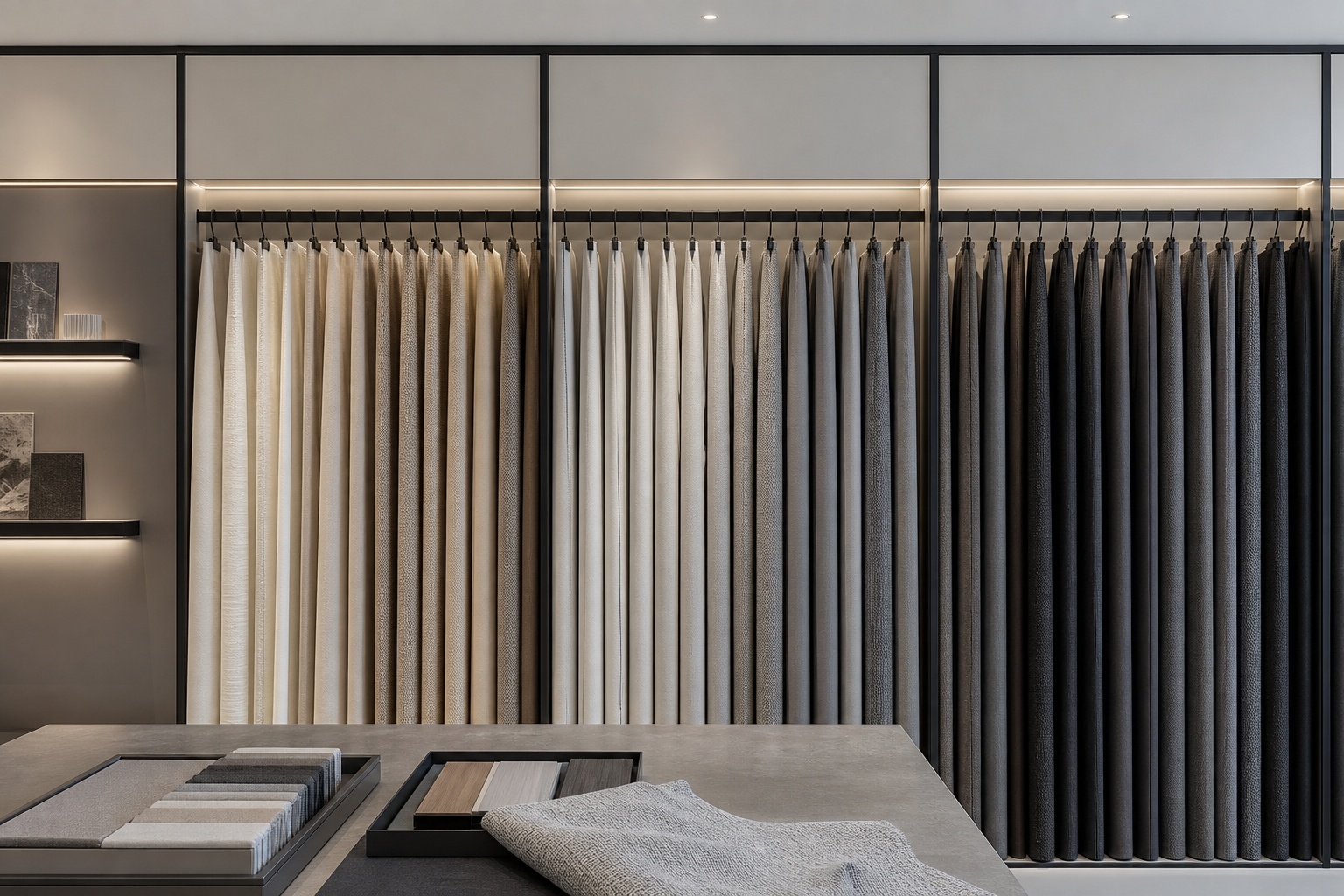 Curated curtain textile panels in neutral tones displayed in a modern interior material library wall
