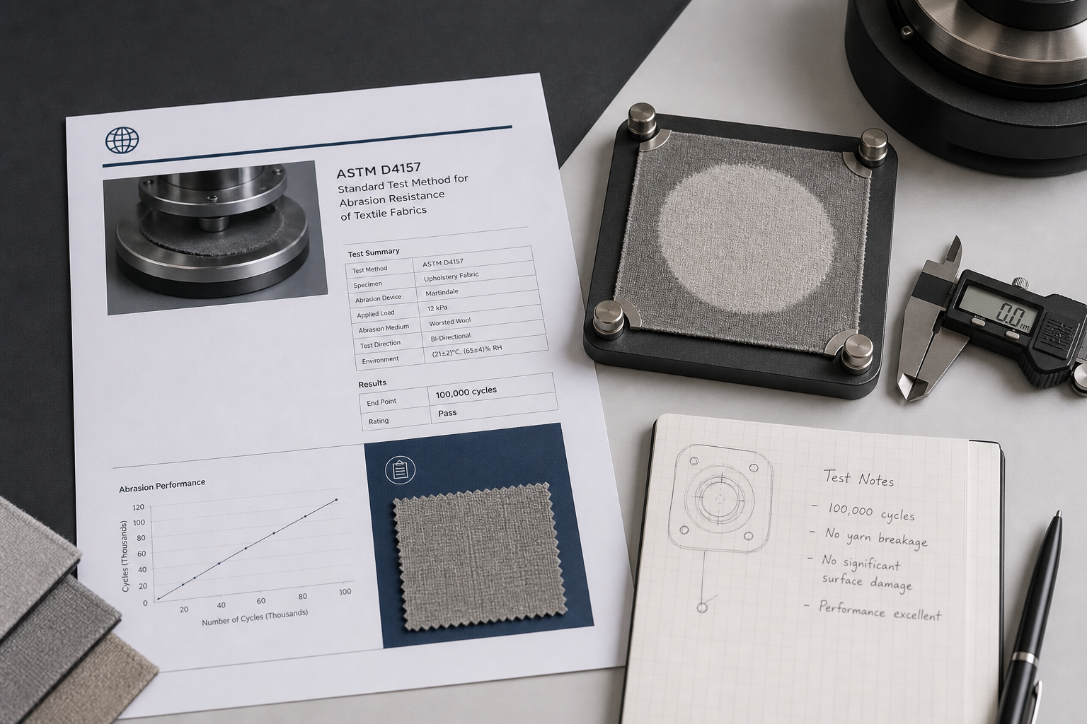 Abrasion test report paperwork placed beside worn-cycle textile specimen and measurement caliper