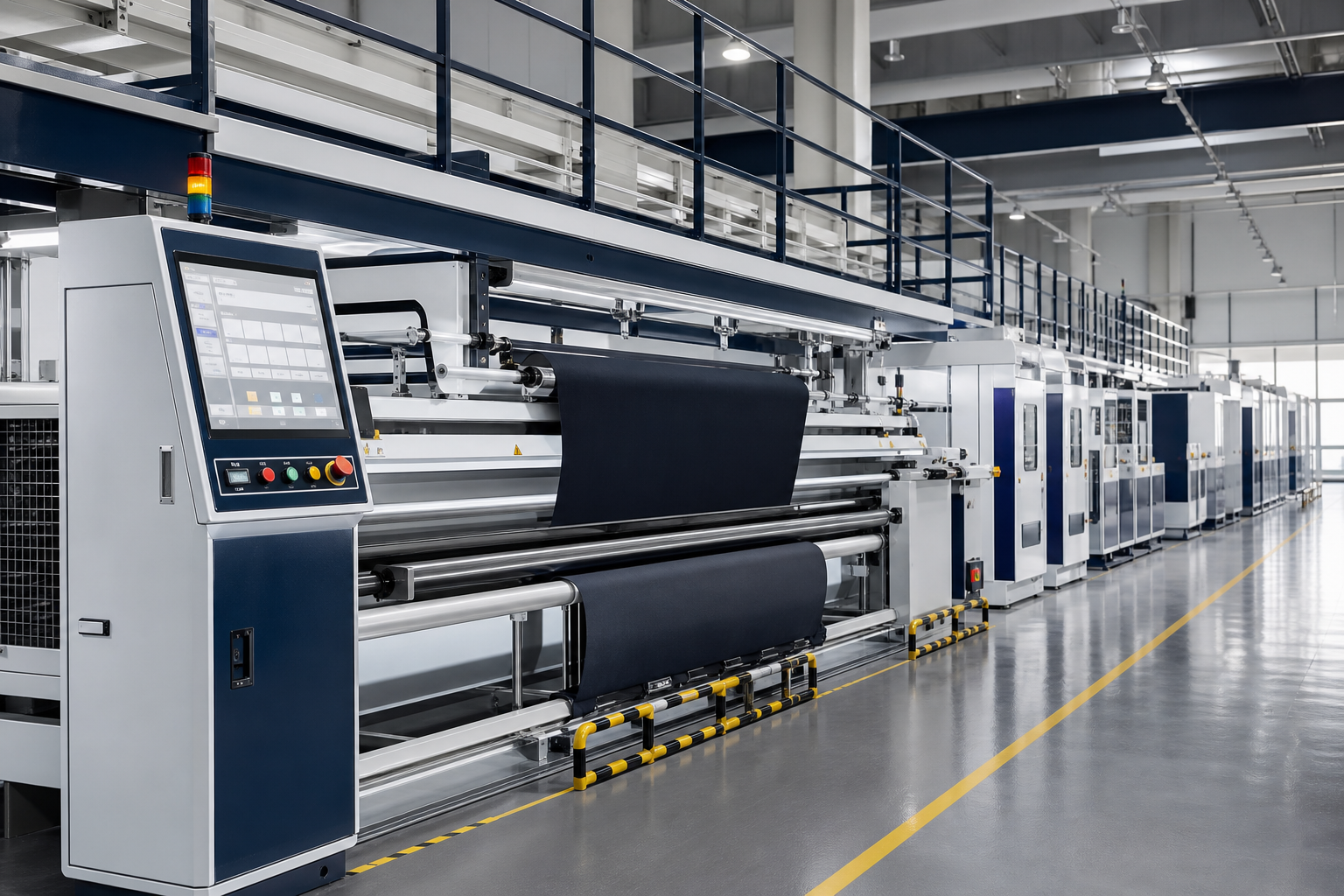 Automated textile processing equipment with digital control interfaces and precision handling systems