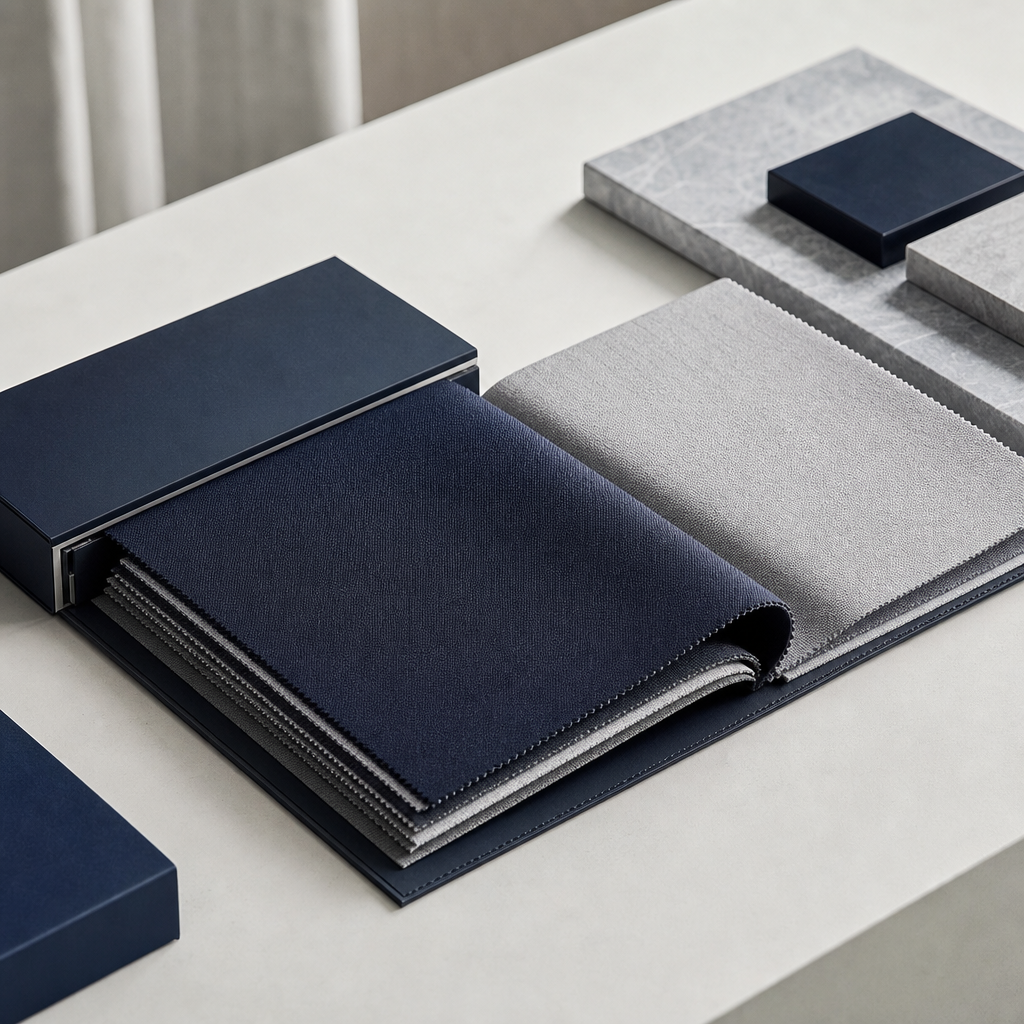 Layered sample book showing deep navy blackout fabric beside lighter dimout textile on a clean desk