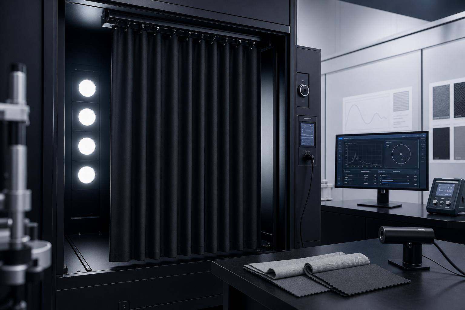 Darkroom instrument measuring light transmission through layered blackout curtain sample