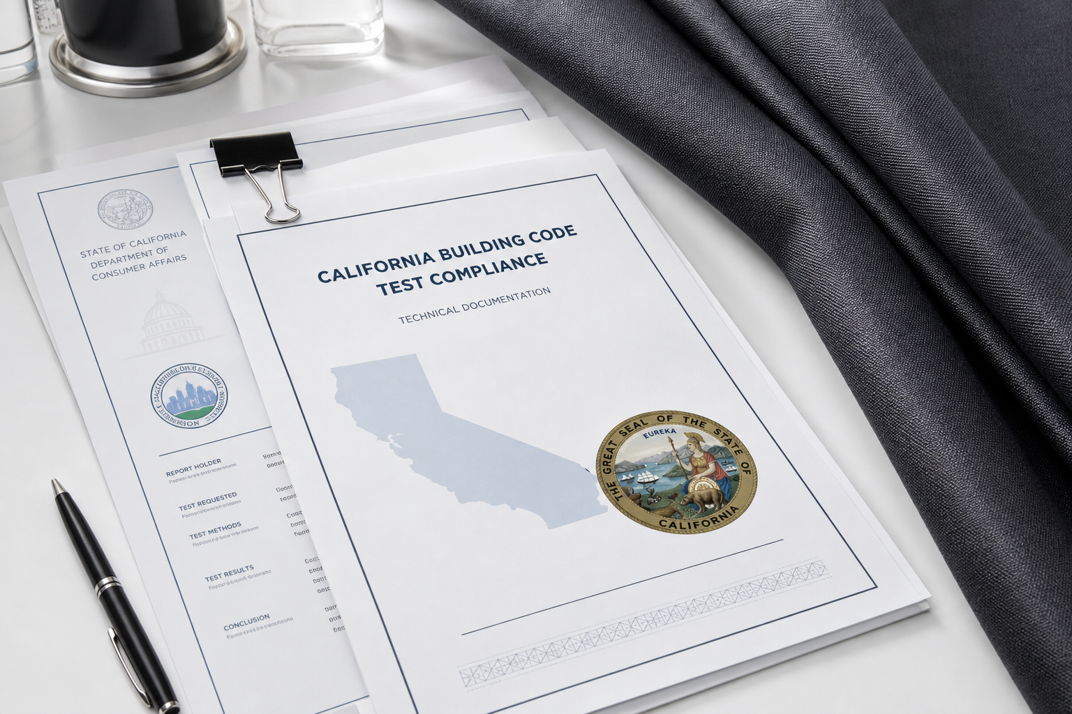 California compliance certificate pages with official seals beside folded curtain material