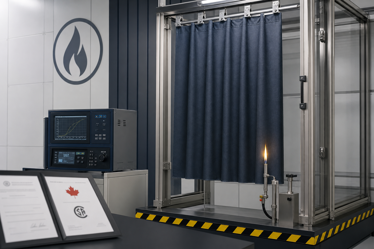 Canadian textile test bench with mounted curtain specimen during flame resistance verification
