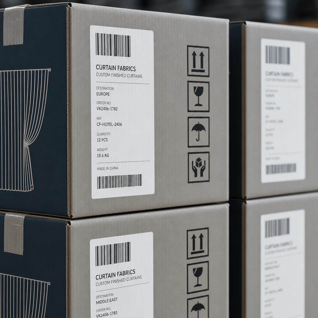 Close-up of shipping carton labels with barcode and destination marks
