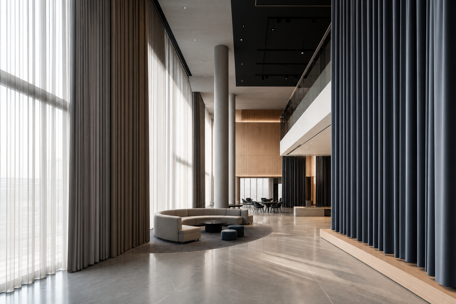 Large commercial building interior with performance curtain zoning for daylight control across multiple work areas