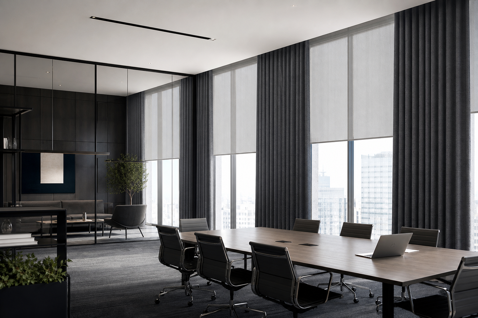 Contemporary office meeting area with solar control curtain panels and clean architectural glazing