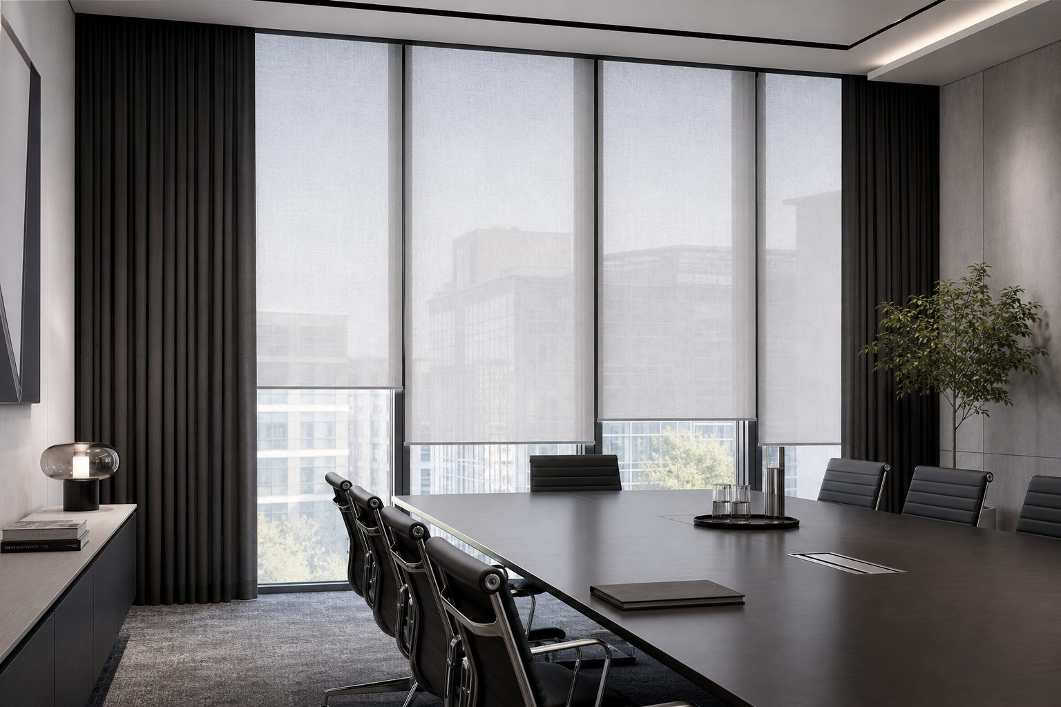 Modern office tower meeting room with solar control curtains and daylight management