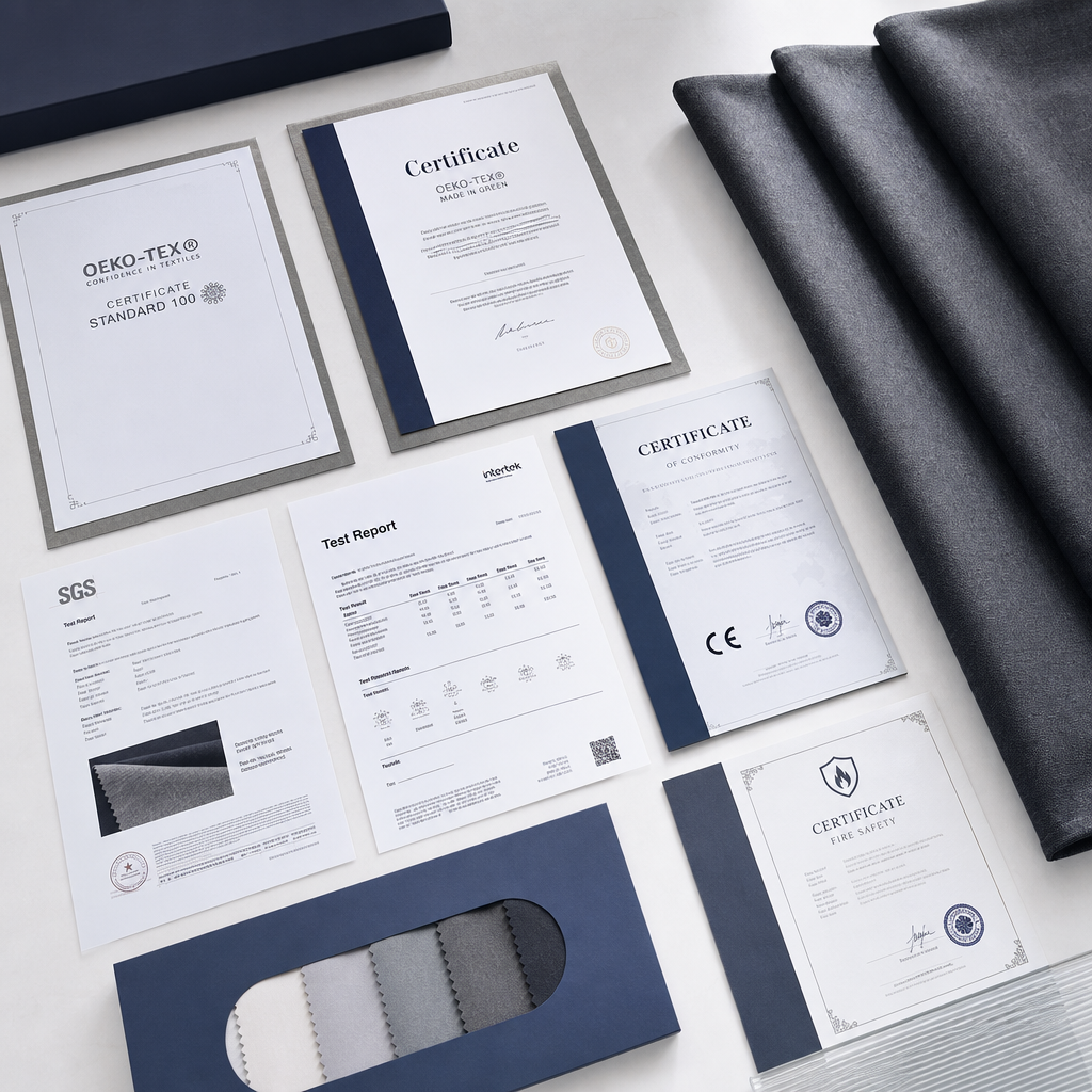 Neatly arranged international textile compliance certificates and test reports with a navy fabric sample