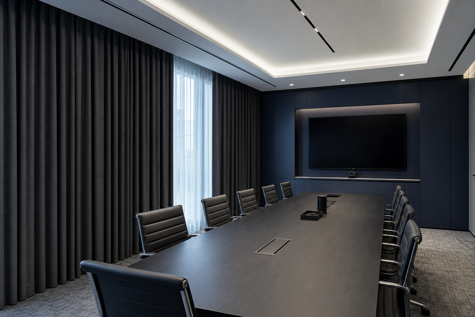Corporate conference room interior with large glazed facade and closed blackout curtains