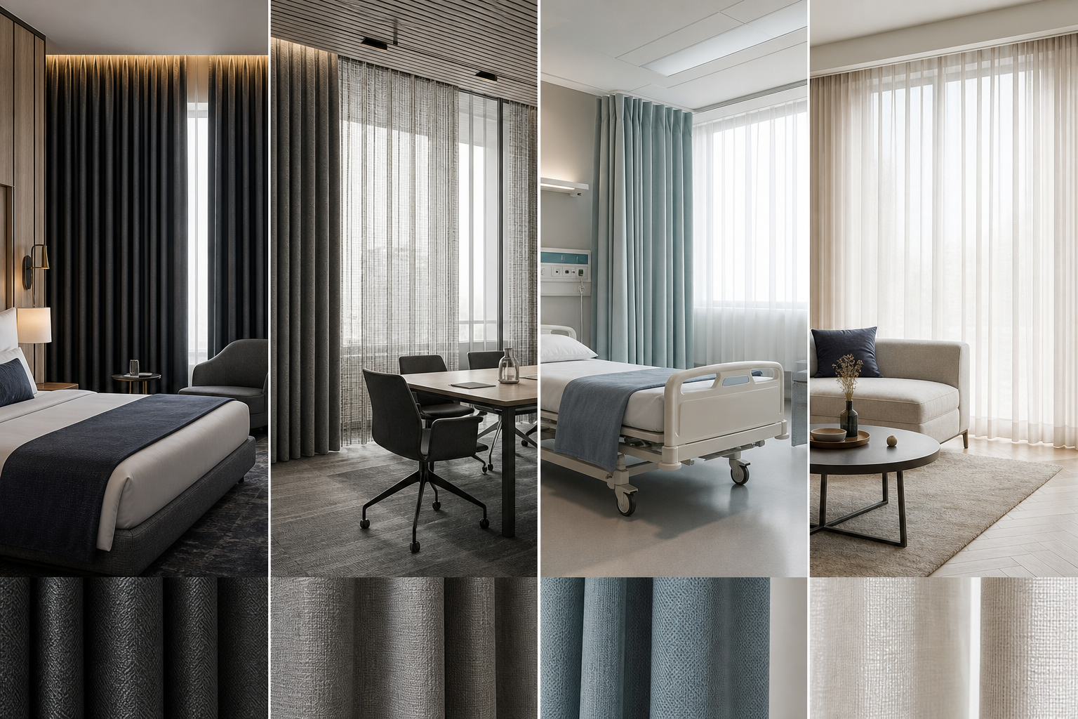 Upscale mixed-sector curtain application scene across hotel, office, healthcare, and residential interiors with visible fabric texture details