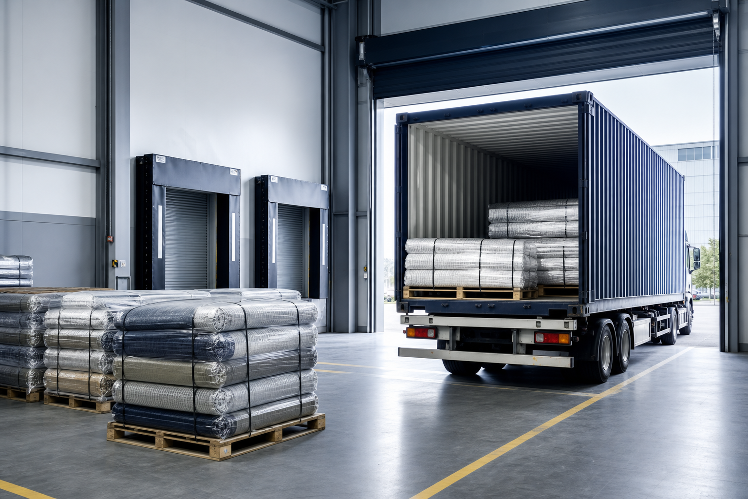 Freight container loading bay with curtain pallets staged for dispatch