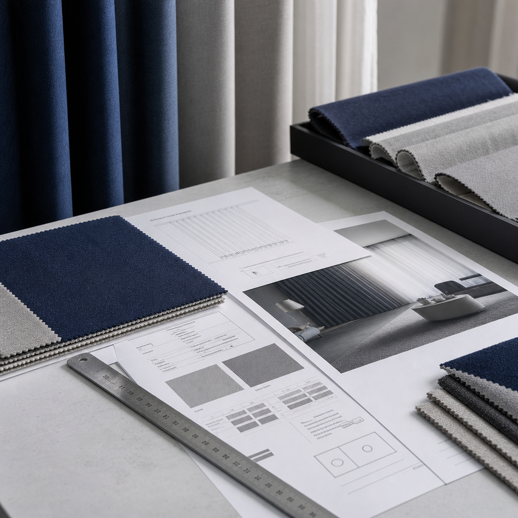 Tailor reviewing navy and gray curtain fabric swatches beside technical specification sheets on a clean worktable