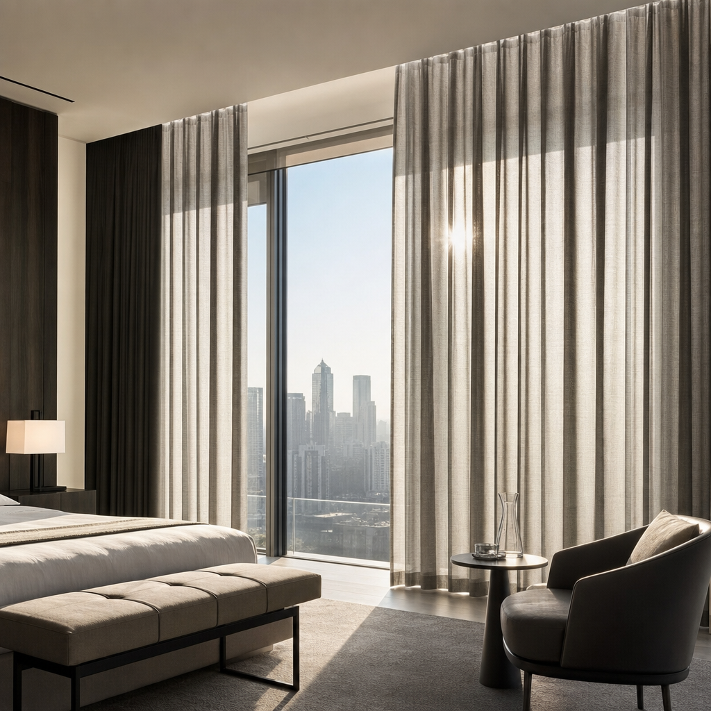 Elegant hotel-style interior with full-height fabric curtains for shading and thermal comfort