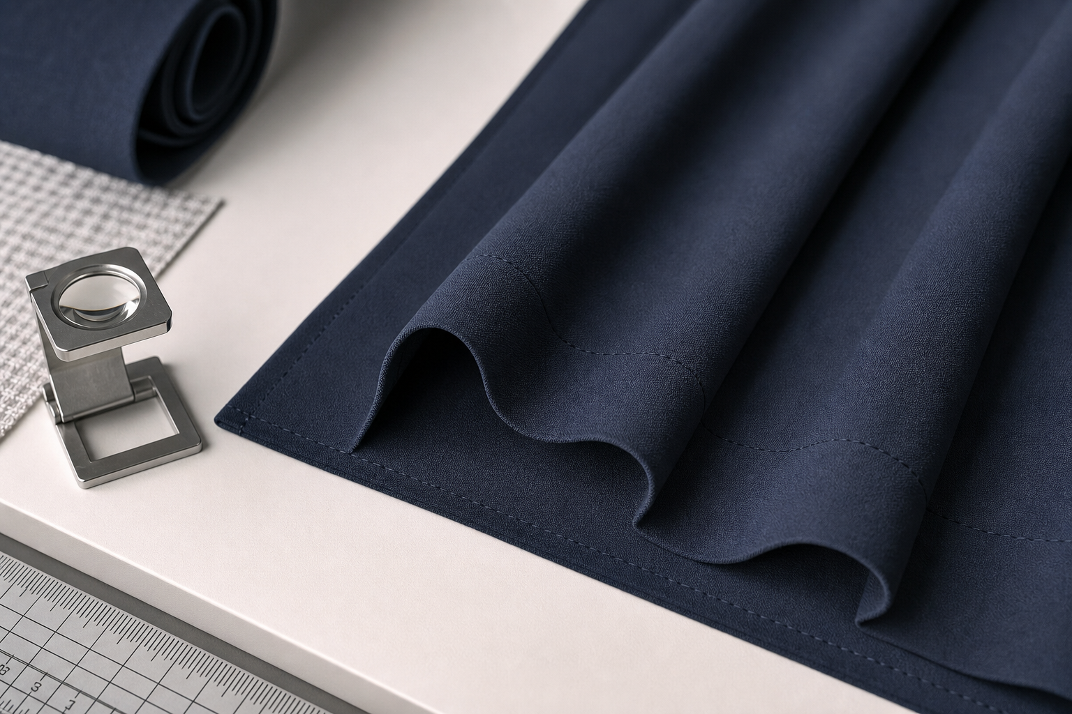 Close-up of pleated curtain finishing with precise stitching and smooth seam alignment on inspection table