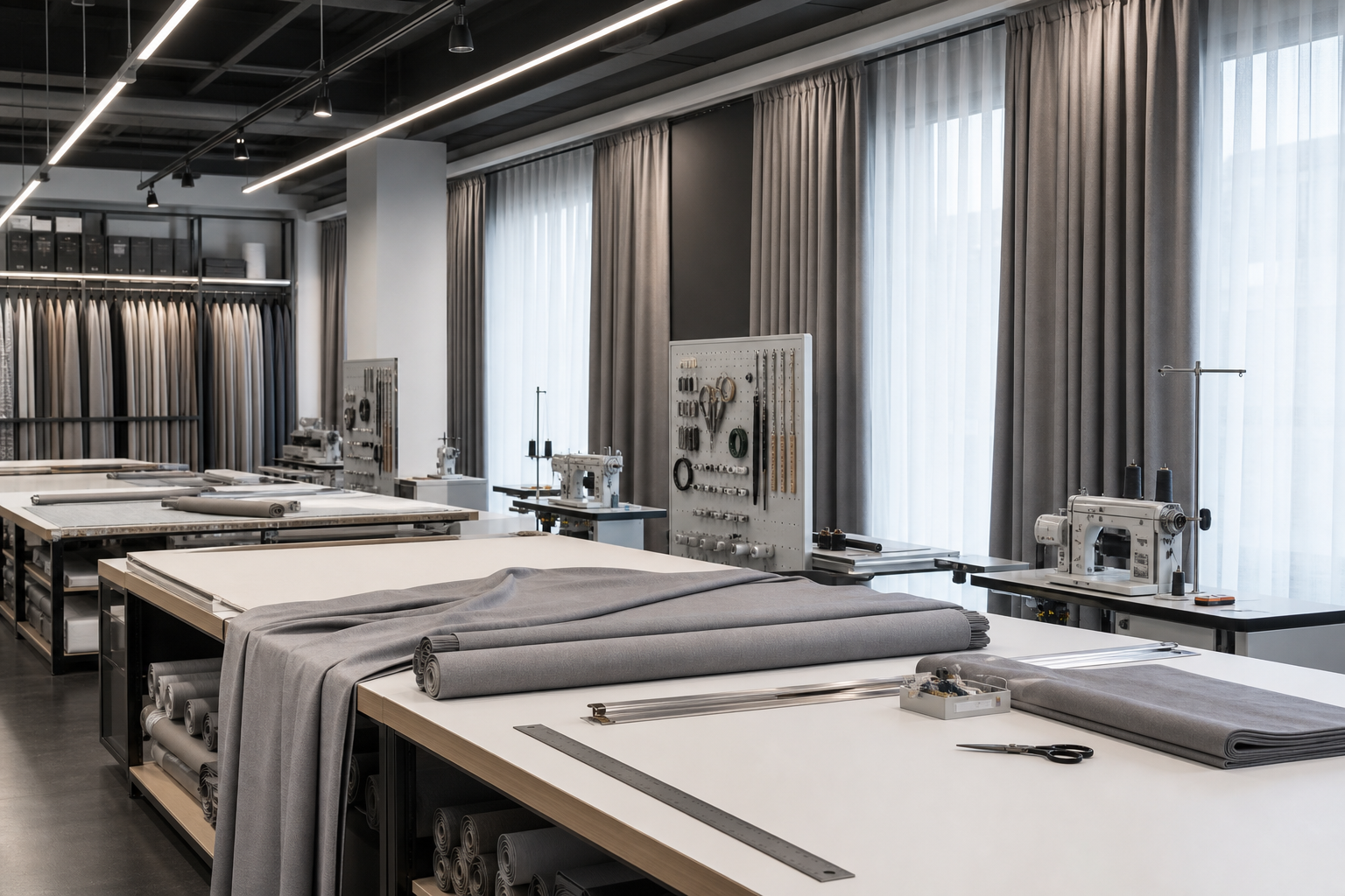 Premium curtain workshop with long cutting tables, soft gray textiles, and precision sewing stations