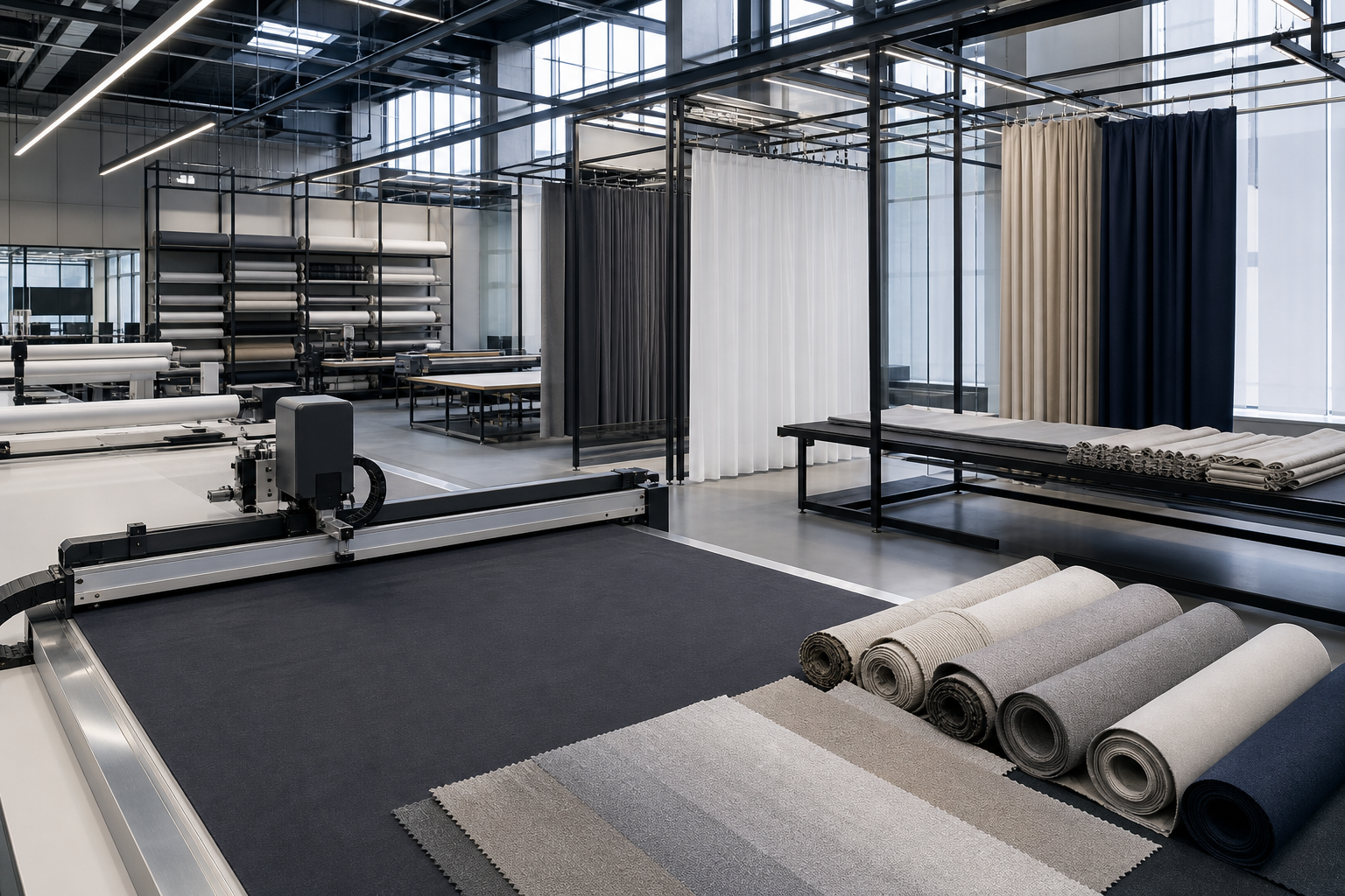 Wide architectural view of precision curtain engineering and textile manufacturing environment with advanced machinery and finished drapery systems
