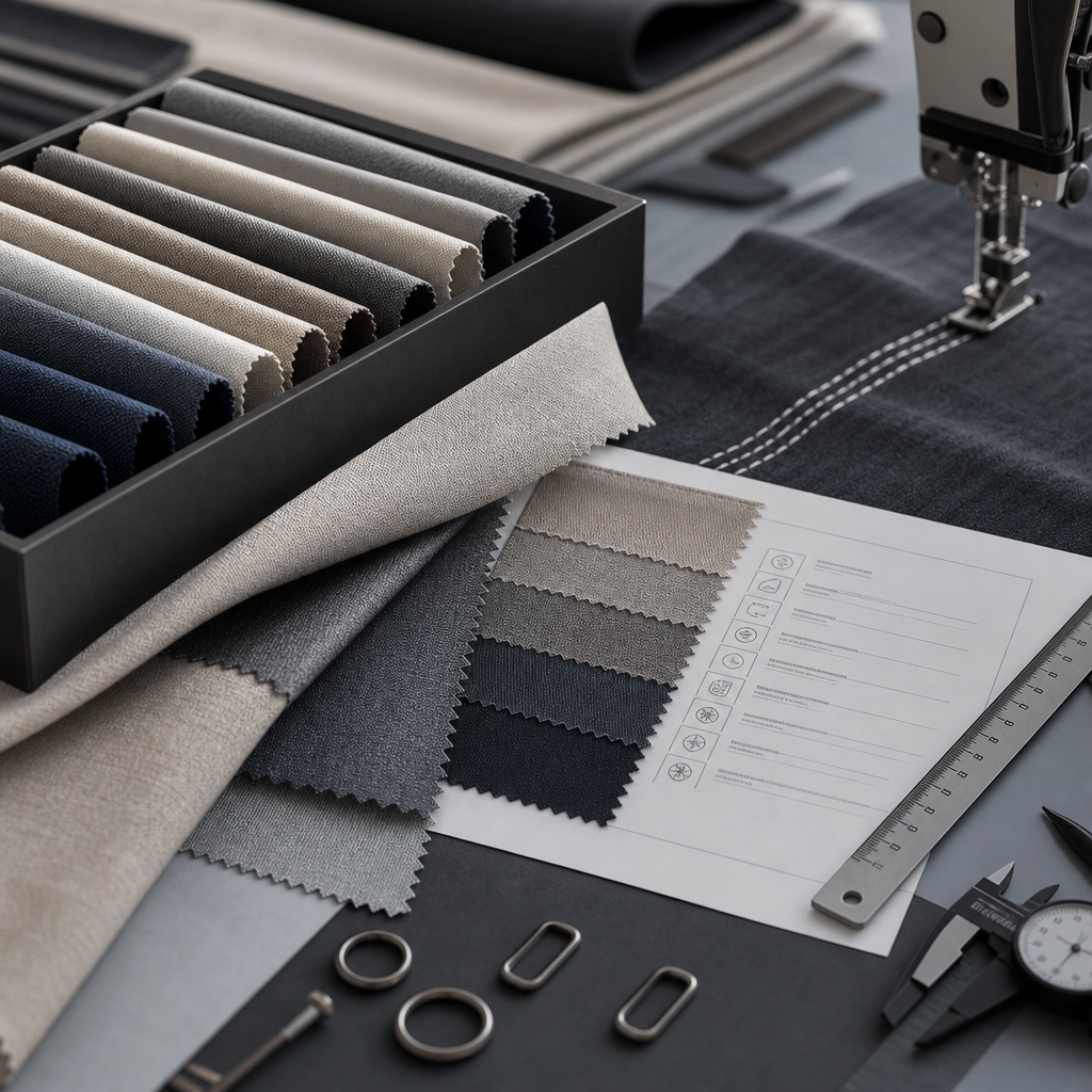 Close-up of layered functional curtain textile swatches, specification notes, and precision stitching detail in a premium industrial setting