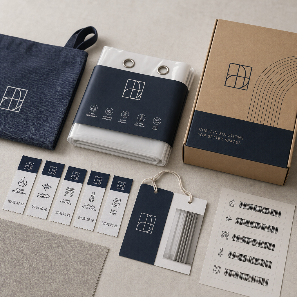 Set of curtain packaging materials including fabric bag, labels, and barcode tags