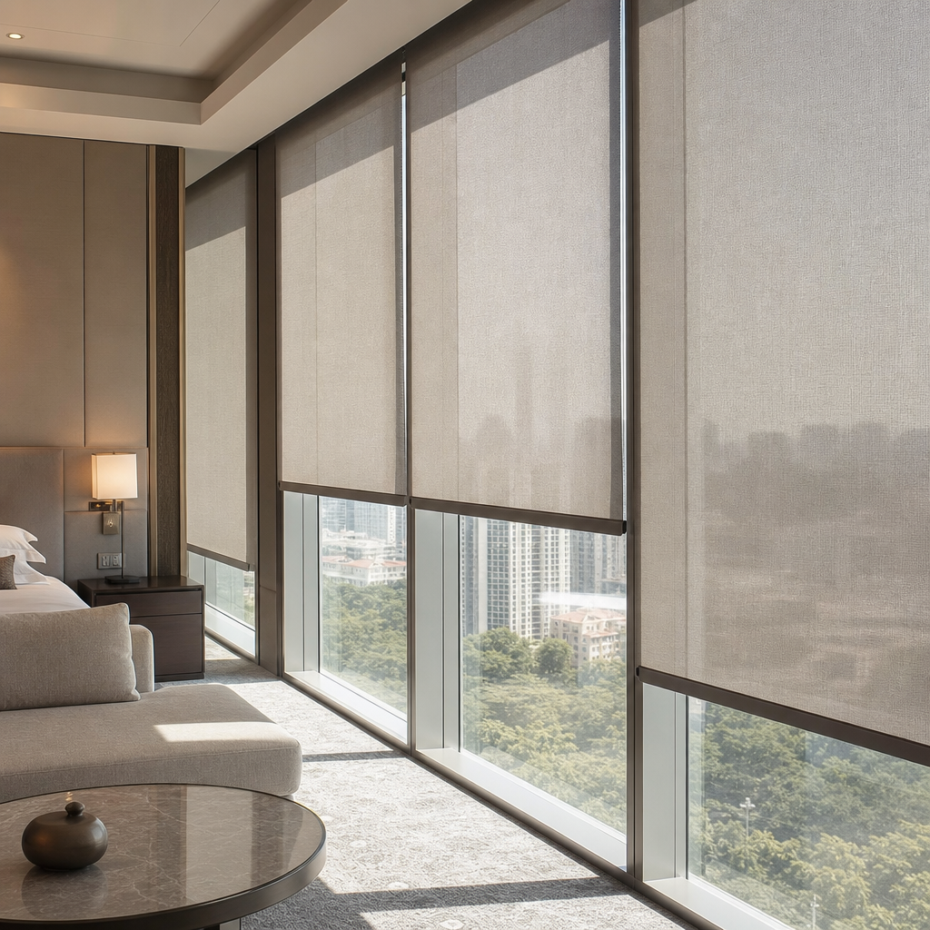 Technical curtain fabric near a glass window in natural daylight showing controlled transmitted light