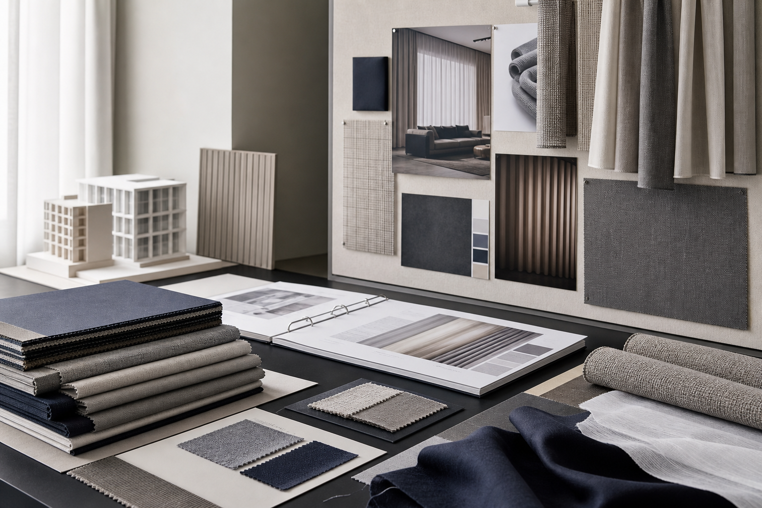 Architectural design studio with fabric samples, specification boards, and tailored curtain solutions