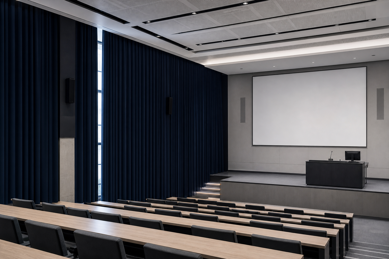 University lecture hall with blackout acoustic curtains for durability and light control