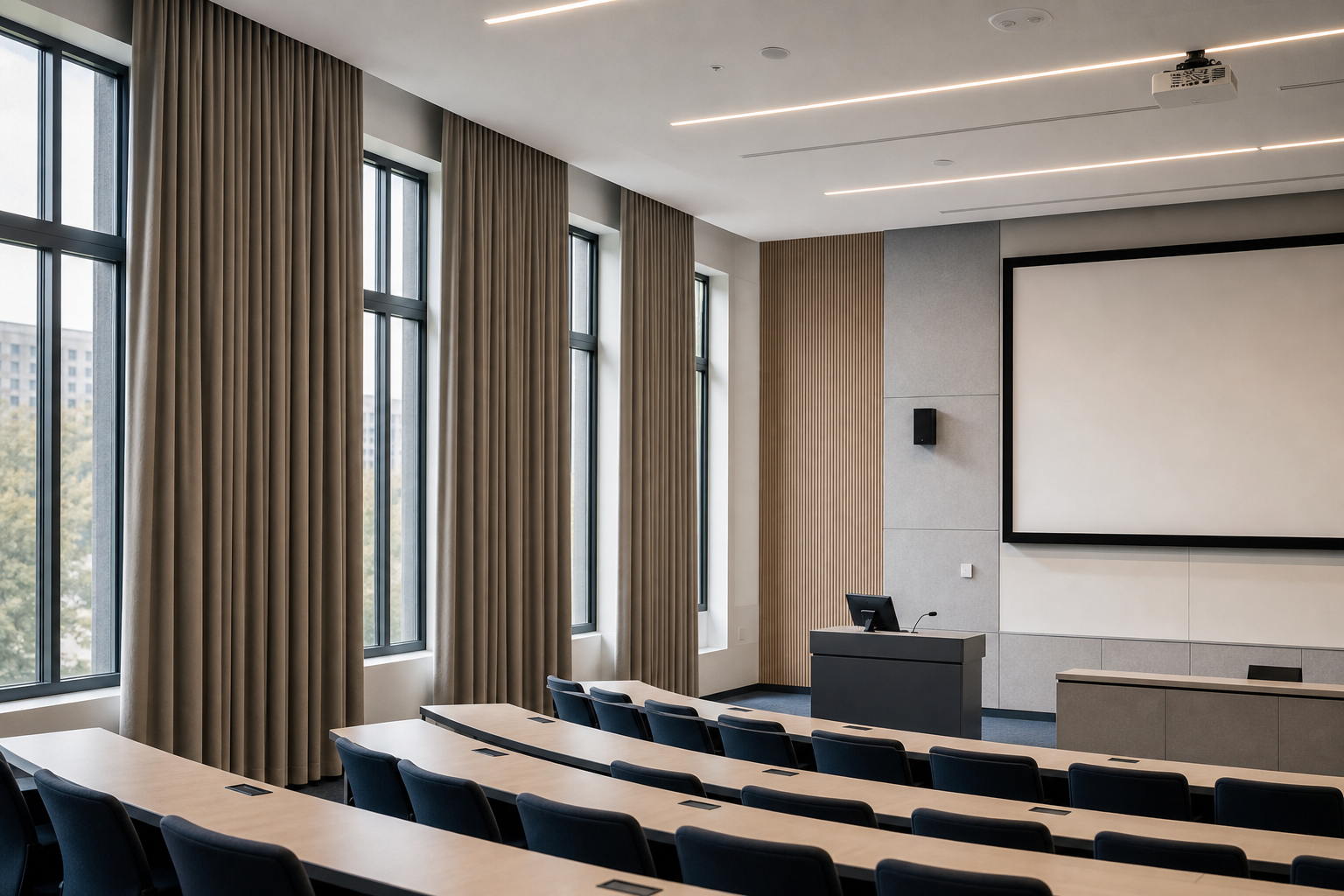 University classroom and lecture setting with durable light-control curtain installations