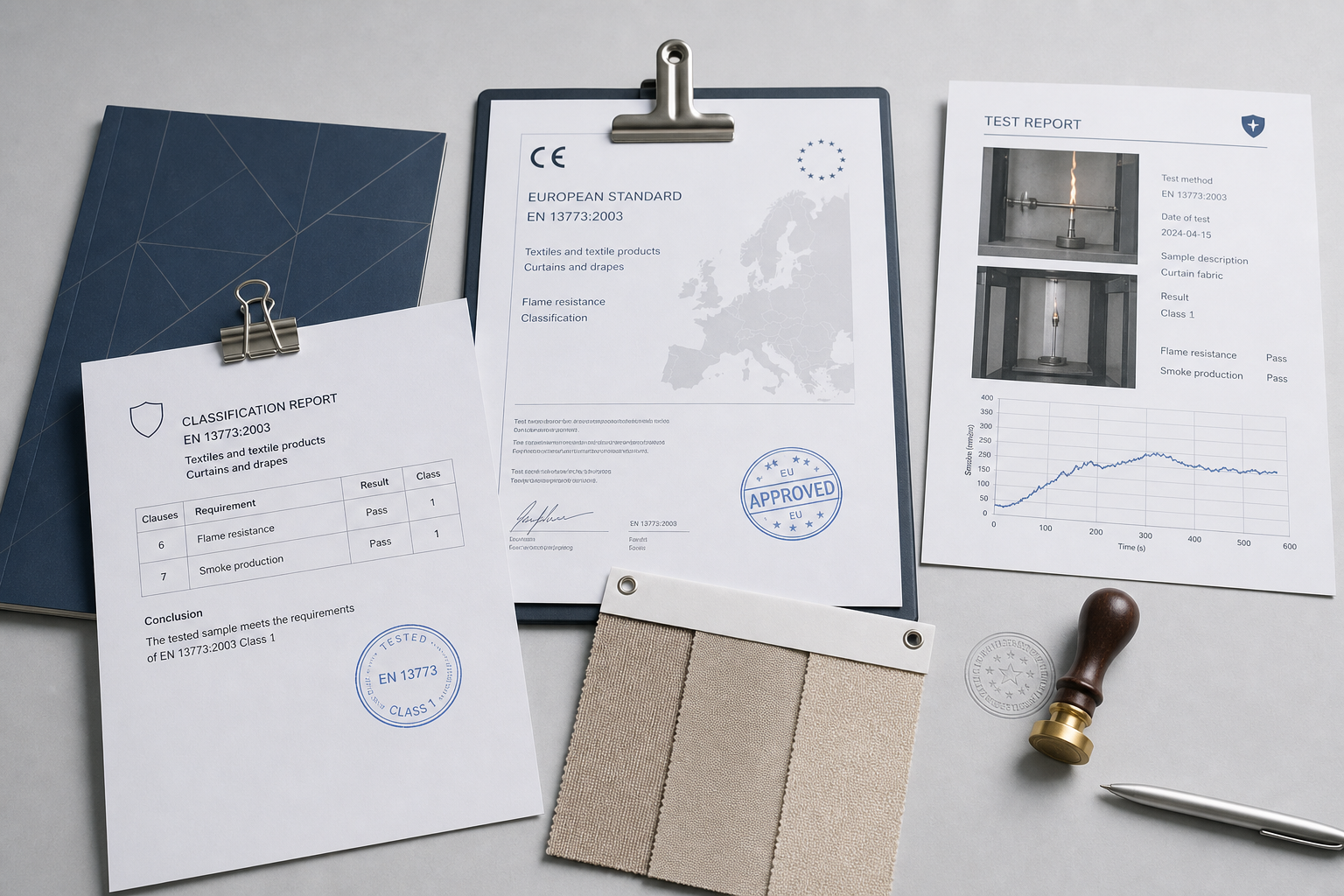 European compliance dossier with stamped EN classification sheets and textile sample swatch