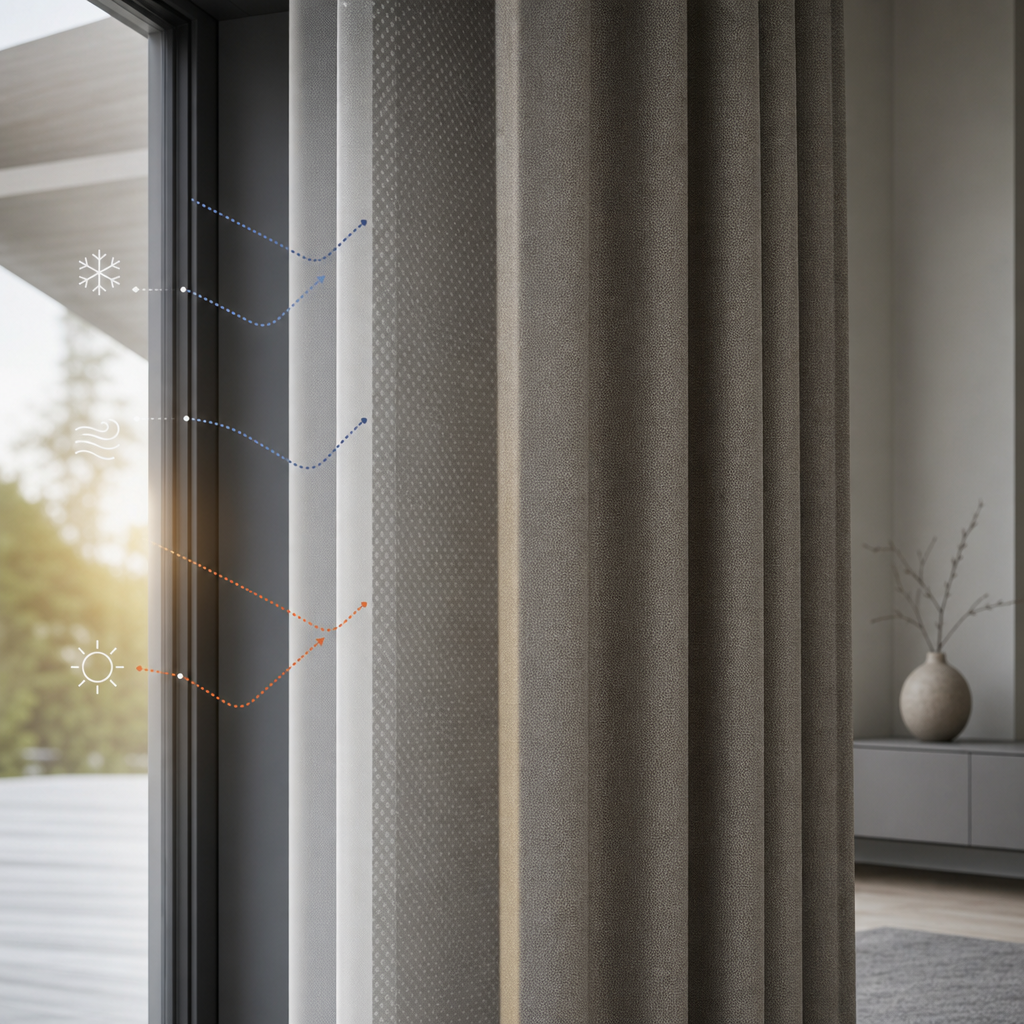 Modern window mockup with textured curtain fabric partially drawn, highlighting thermal layering and soft daylight