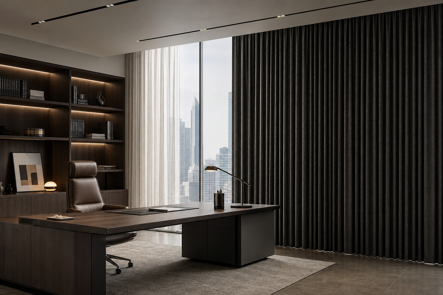 Executive office with dark wood finishes and tailored blackout curtain system