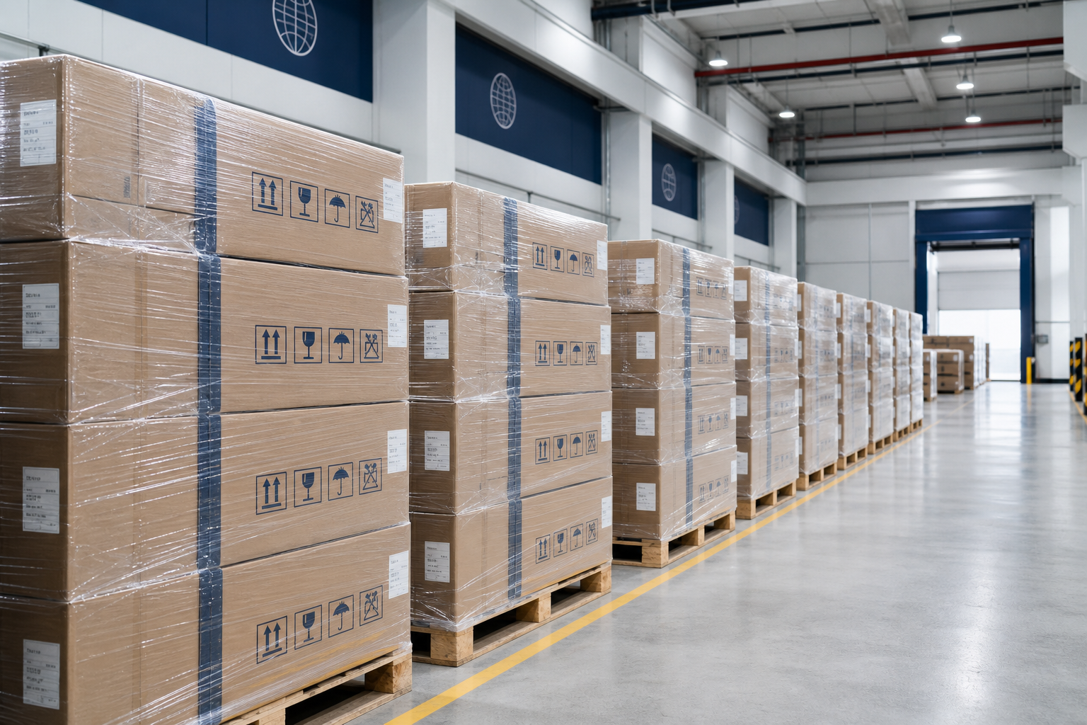 Palletized curtain cartons wrapped for export in a clean warehouse lane