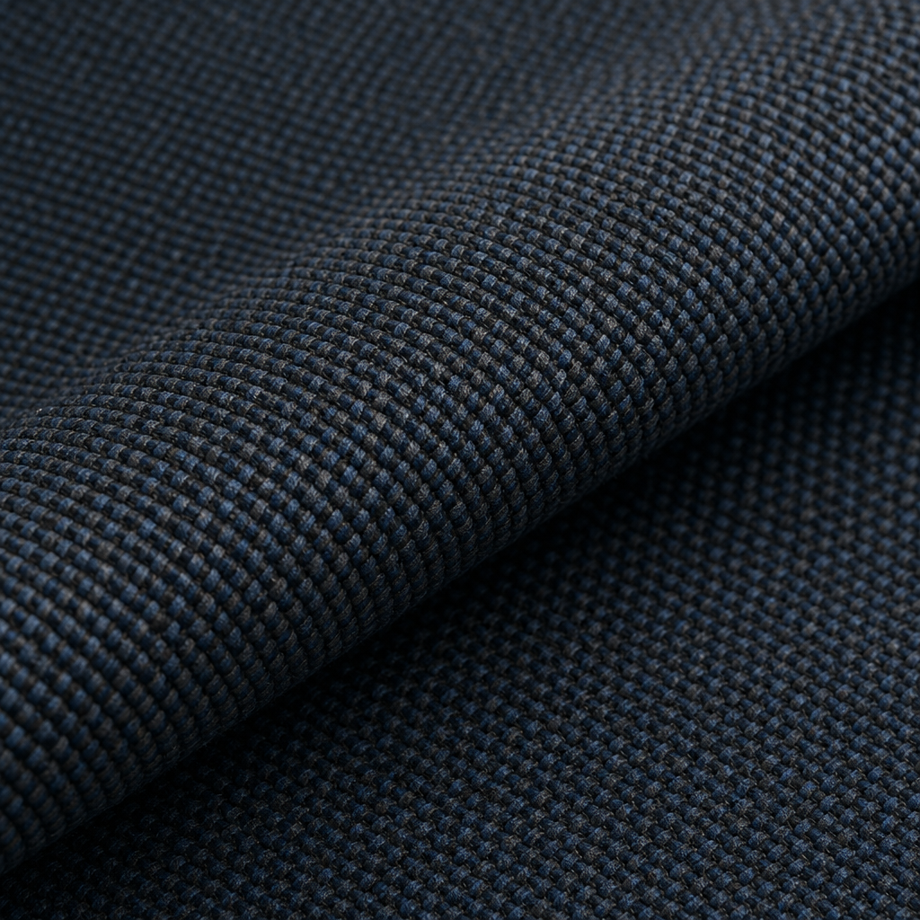 Close-up of high-performance woven curtain fabric showing dense texture, technical weave structure, and subtle navy-gray tones