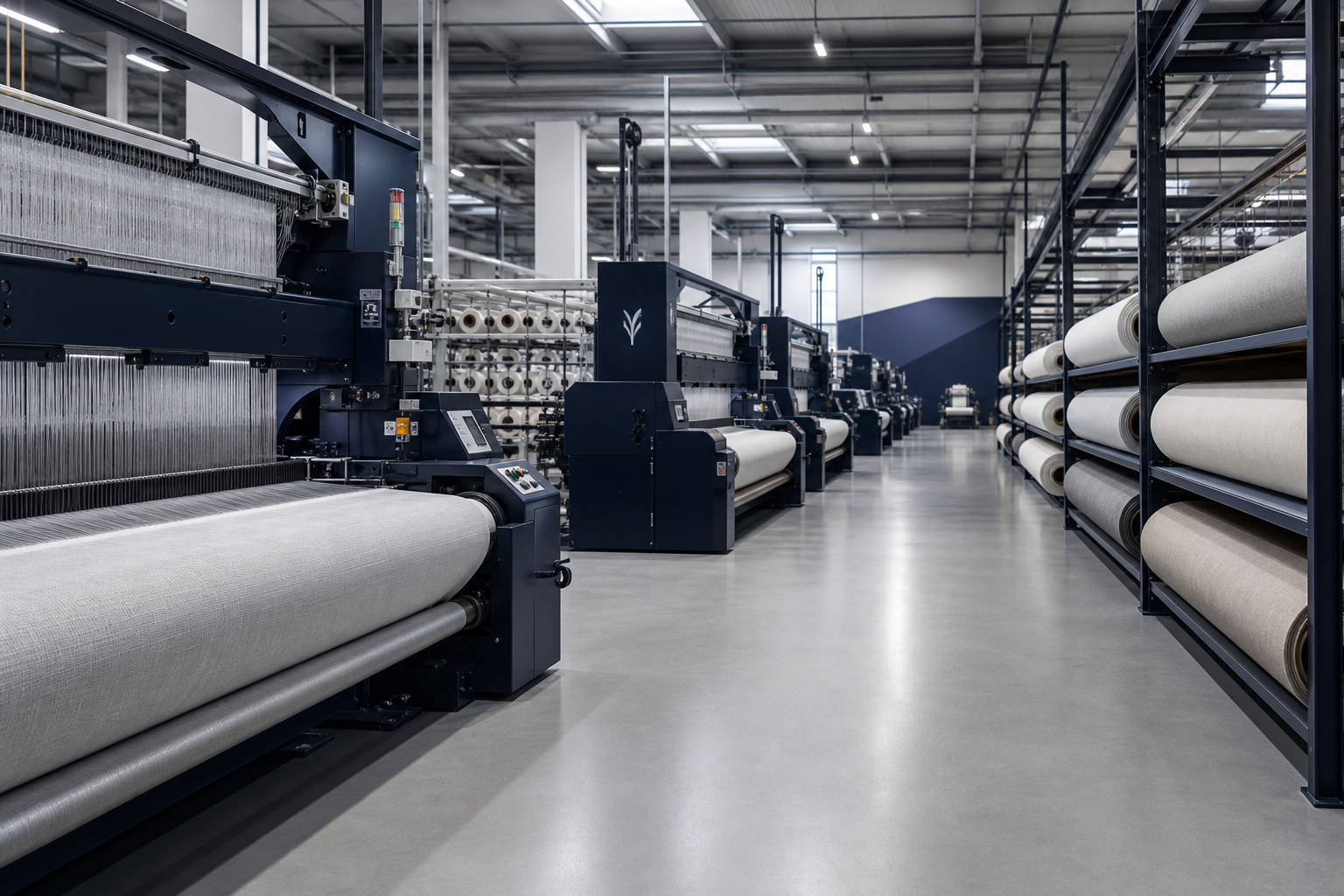 Modern weaving hall with navy industrial looms and neatly aligned fabric rolls