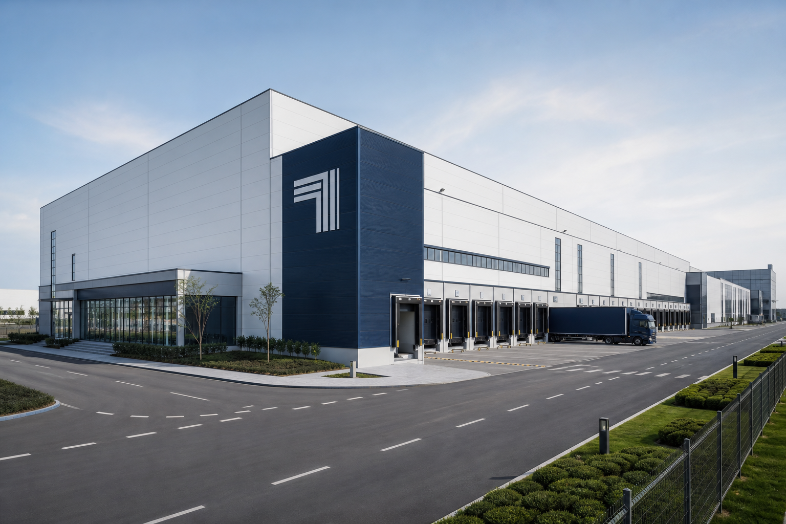 Modern industrial curtain textile factory exterior with clean architecture, loading zones, and organized logistics access