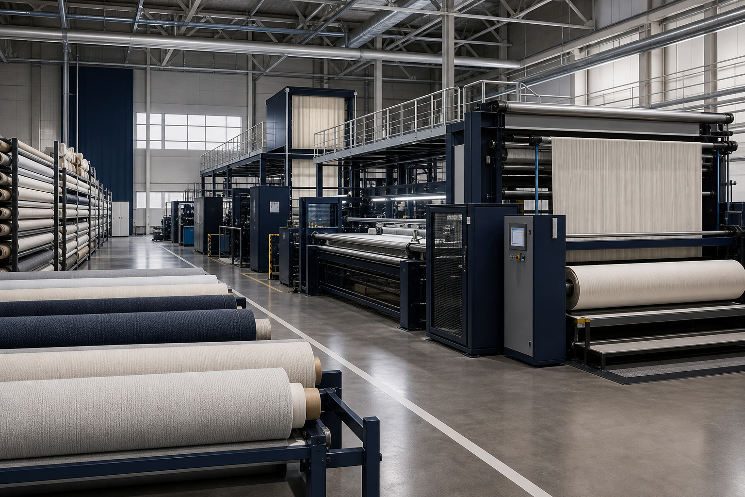 Modern curtain textile manufacturing floor with organized automated lines, material racks, and clean industrial lighting