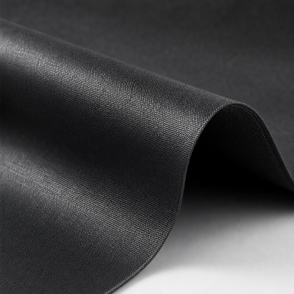Close-up of a tightly woven charcoal flame-retardant curtain fabric with subtle sheen under soft studio light
