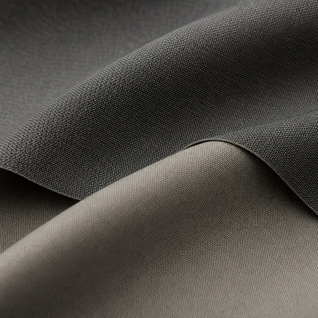 Close-up technical curtain fabric texture showing fine weave, layered yarn structure, and premium matte finish