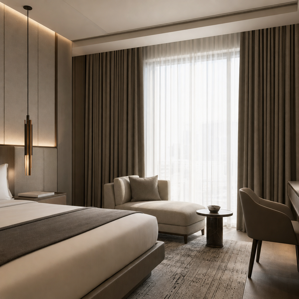 Luxury hotel room interior with floor-to-ceiling premium curtains, clean architectural lines, and natural daylight, no people